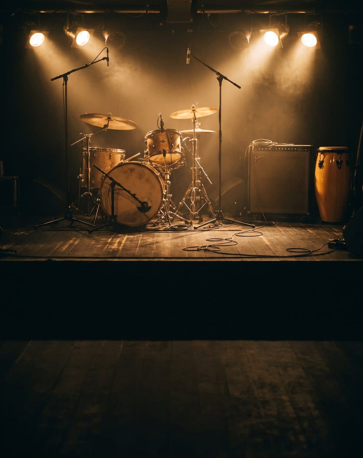Illustrative image: an empty club stage with drums, microphones and a conga in warm amber light